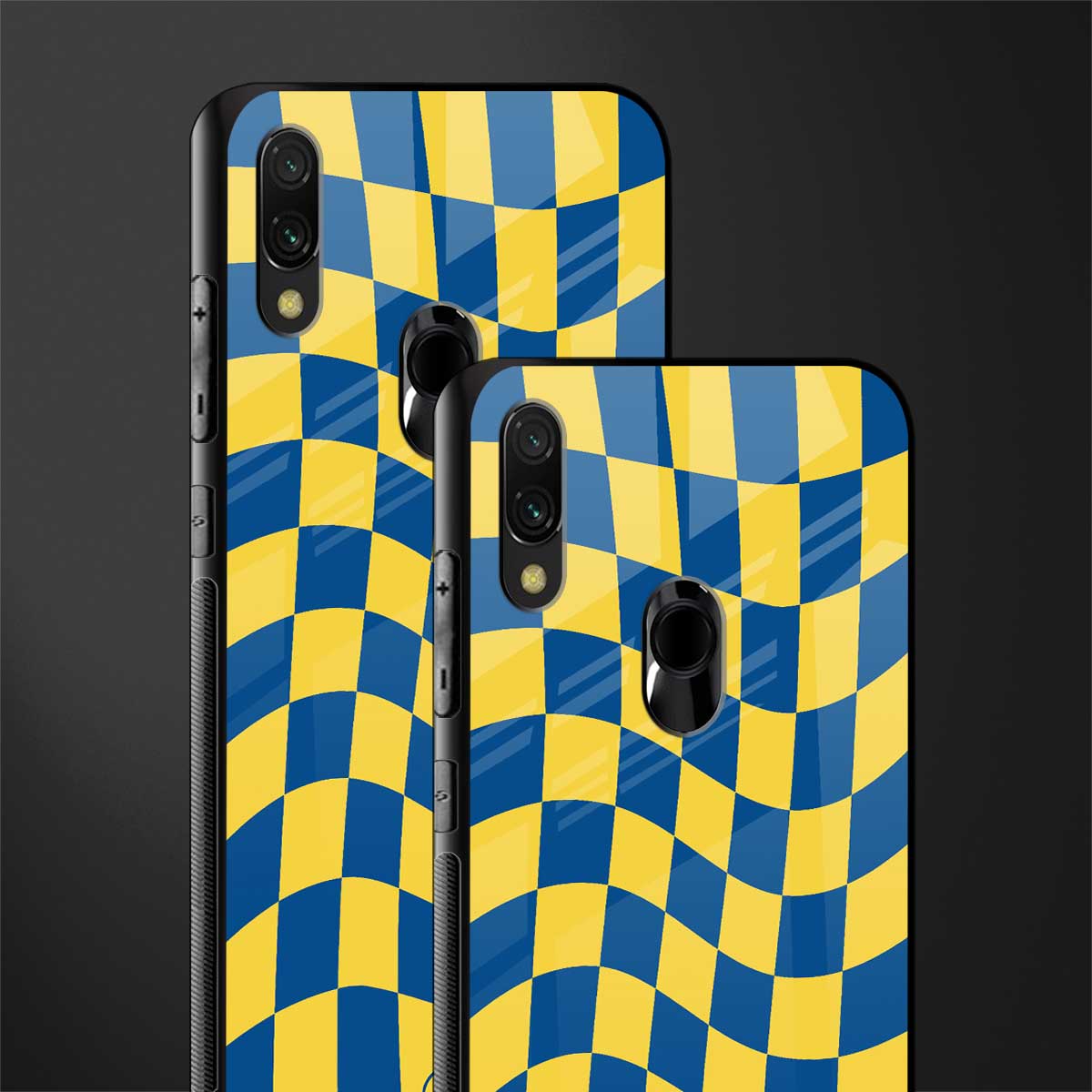 yellow blue trippy check pattern glass case for redmi y3 image-2