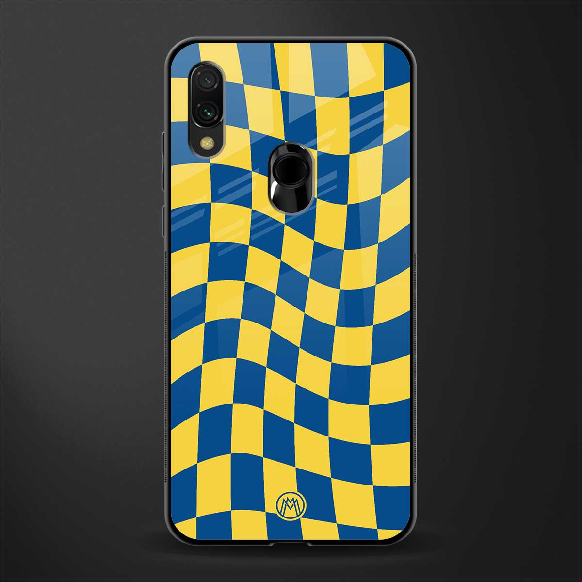 yellow blue trippy check pattern glass case for redmi note 7s image