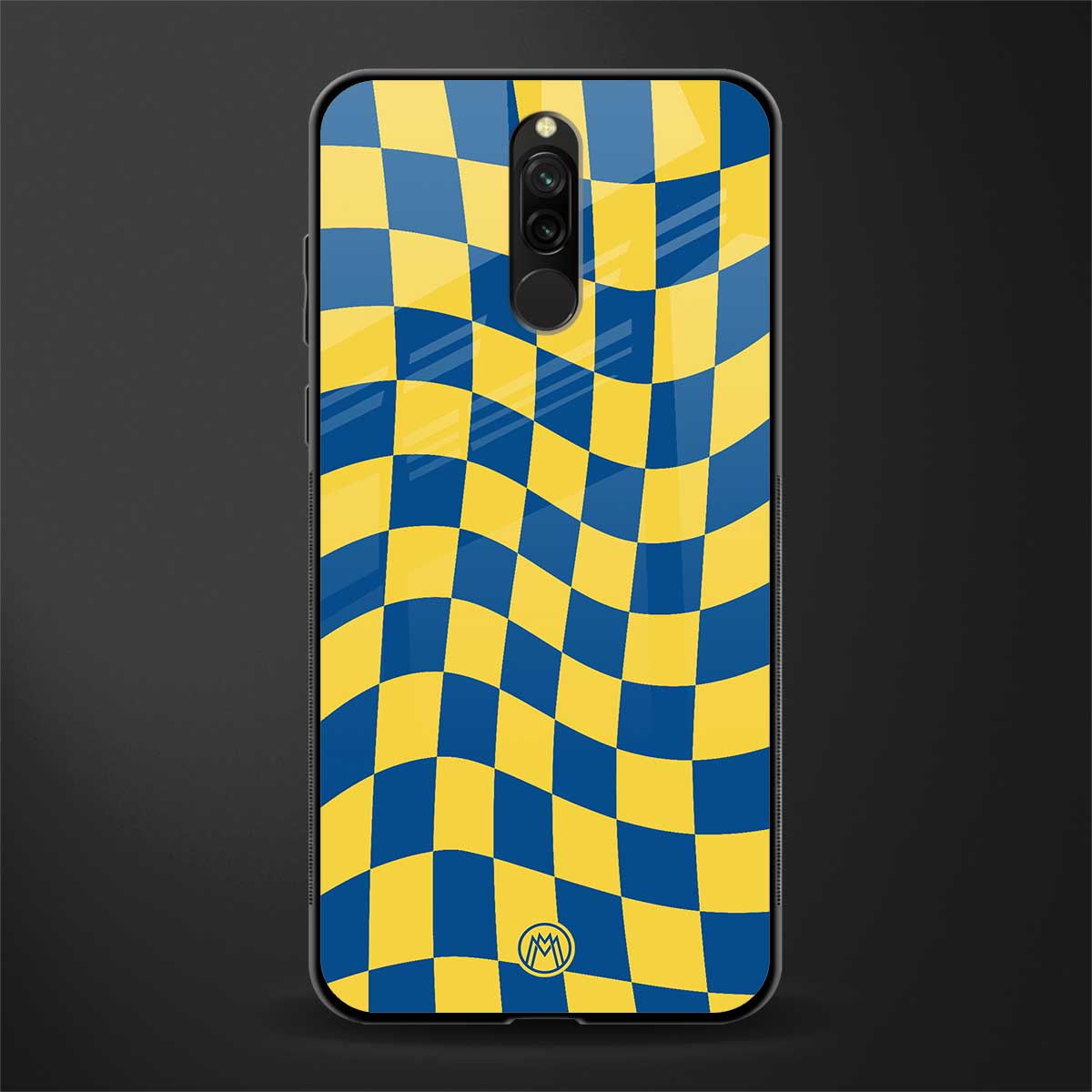 yellow blue trippy check pattern glass case for redmi 8 image