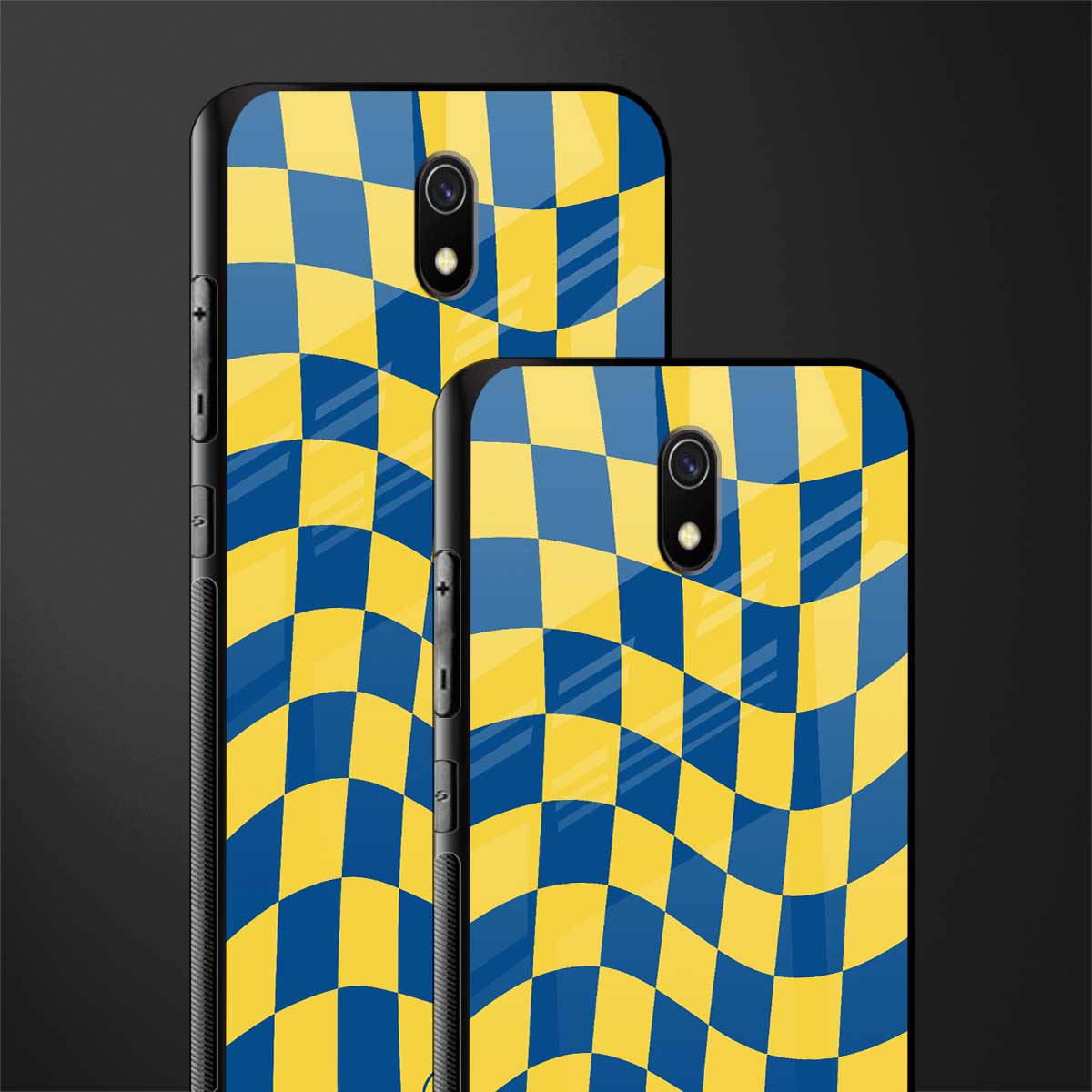 yellow blue trippy check pattern glass case for redmi 8a image-2