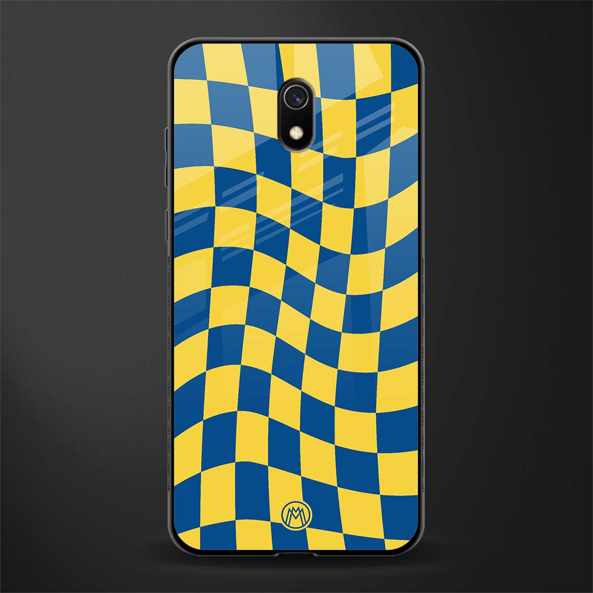 yellow blue trippy check pattern glass case for redmi 8a image