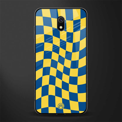 yellow blue trippy check pattern glass case for redmi 8a image