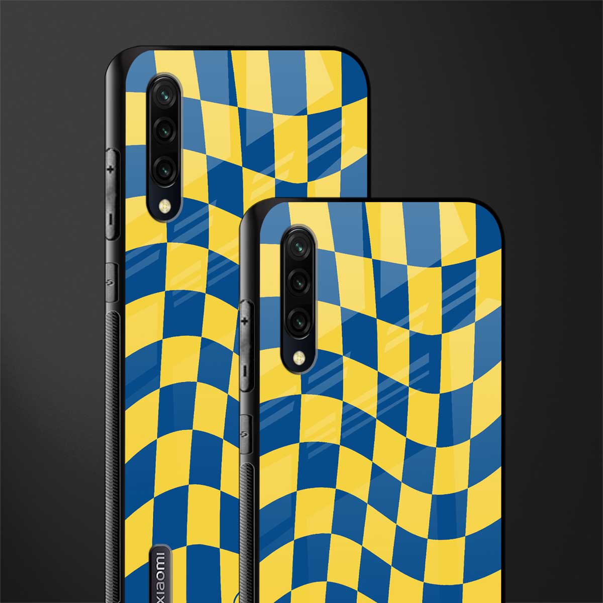 yellow blue trippy check pattern glass case for mi a3 redmi a3 image-2