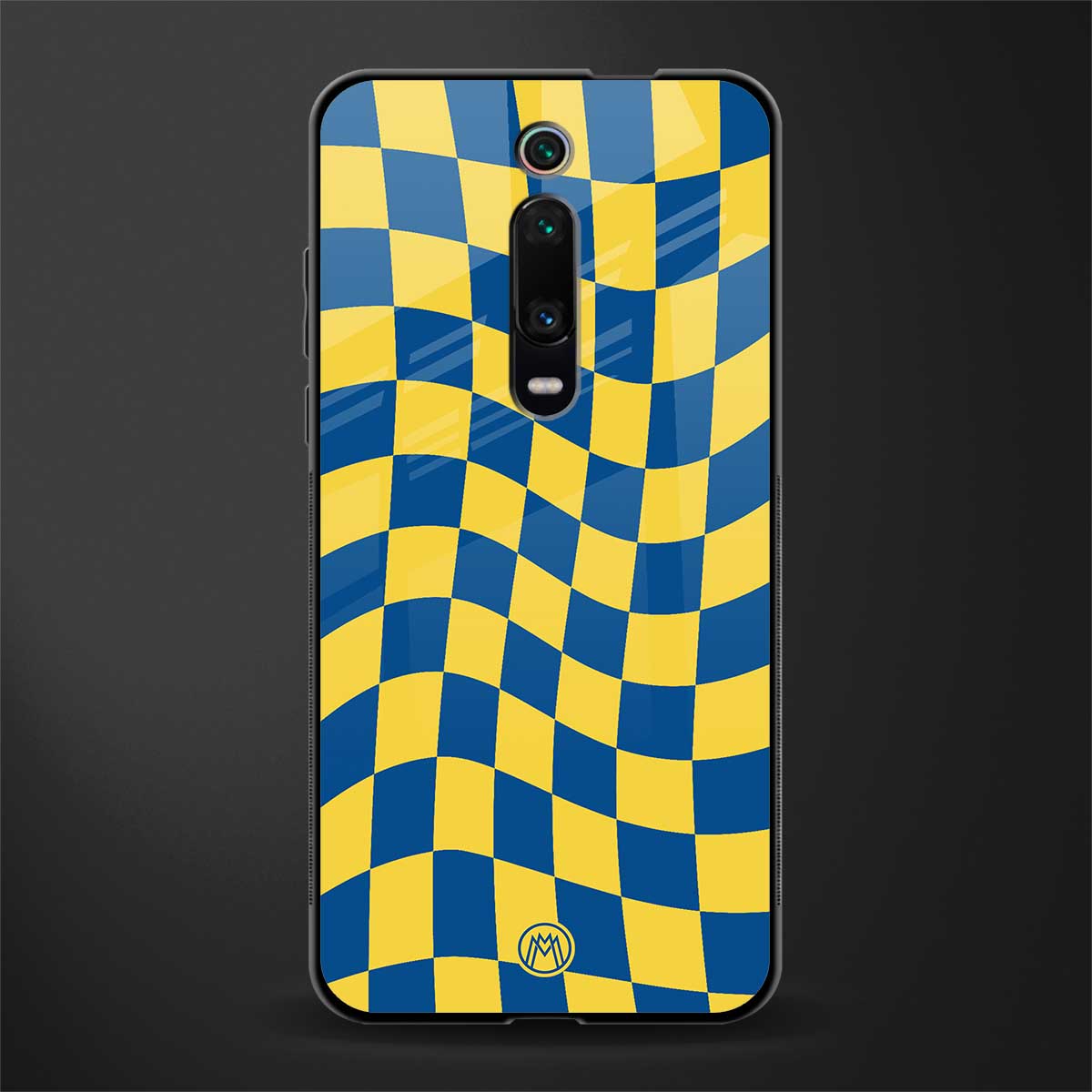 yellow blue trippy check pattern glass case for redmi k20 pro image