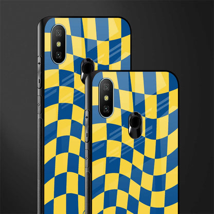 yellow blue trippy check pattern glass case for redmi 6 pro image-2