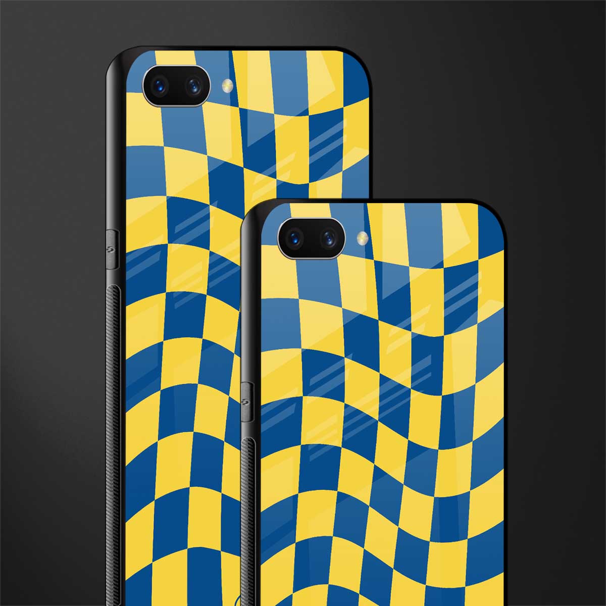 yellow blue trippy check pattern glass case for oppo a3s image-2