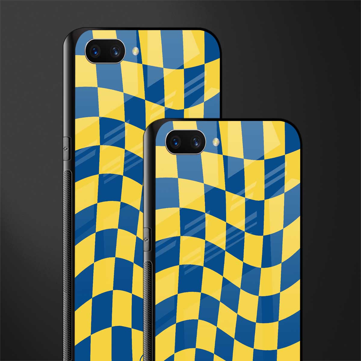 yellow blue trippy check pattern glass case for realme c1 image-2