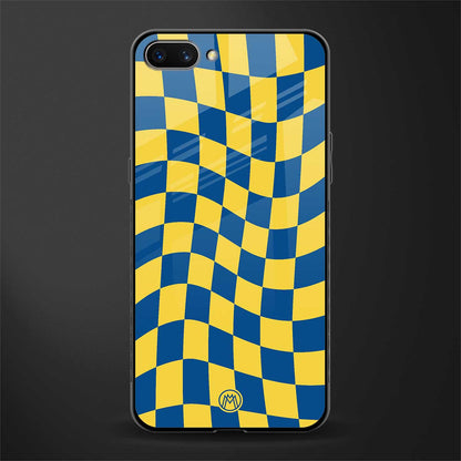 yellow blue trippy check pattern glass case for oppo a3s image