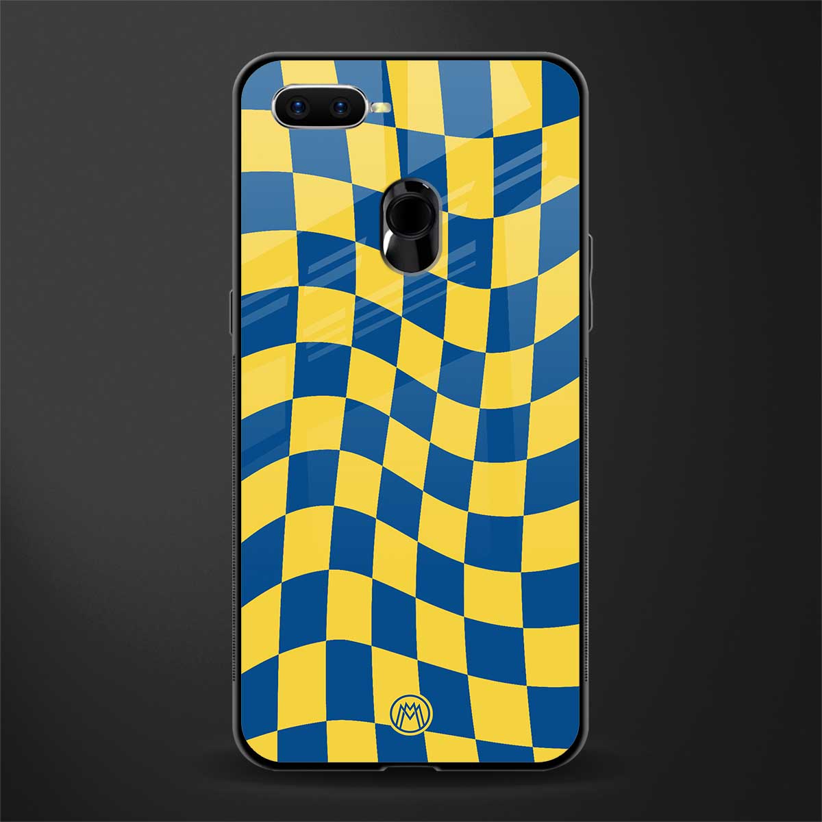 yellow blue trippy check pattern glass case for oppo a5s image