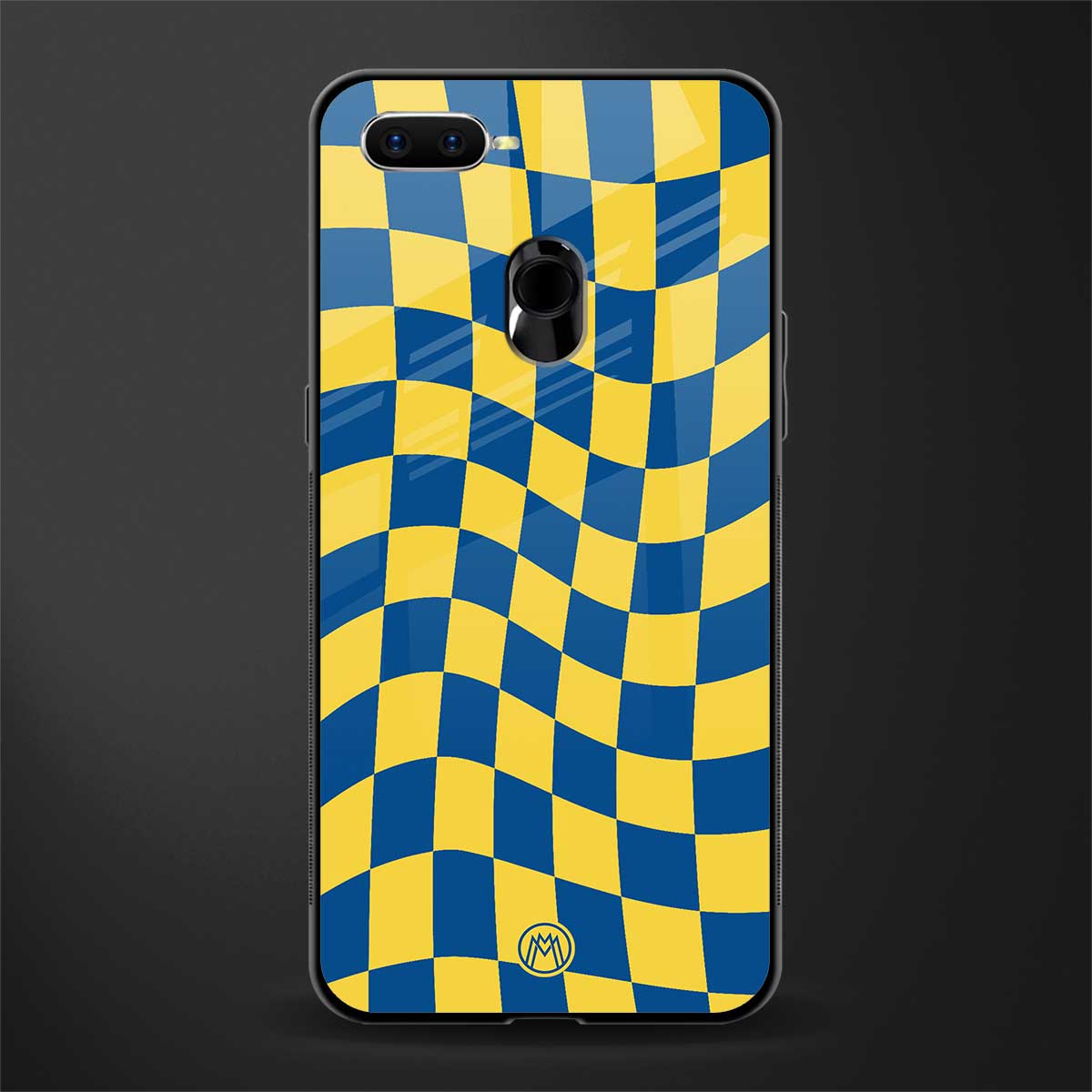 yellow blue trippy check pattern glass case for oppo a7 image