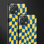 yellow blue trippy check pattern glass case for mi 11 lite image-2