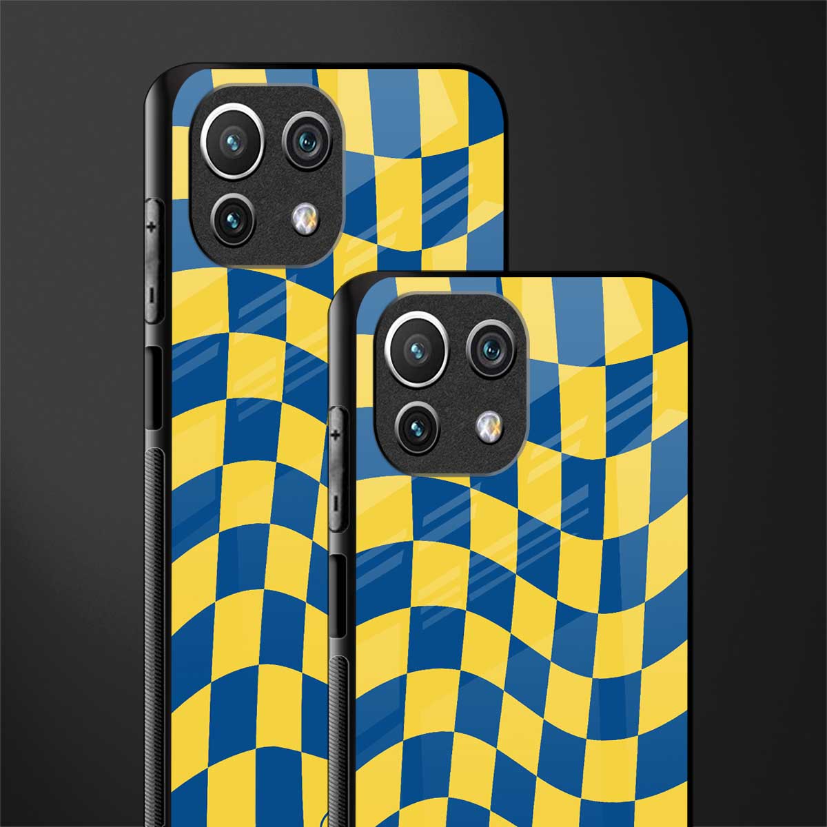 yellow blue trippy check pattern glass case for mi 11 lite image-2
