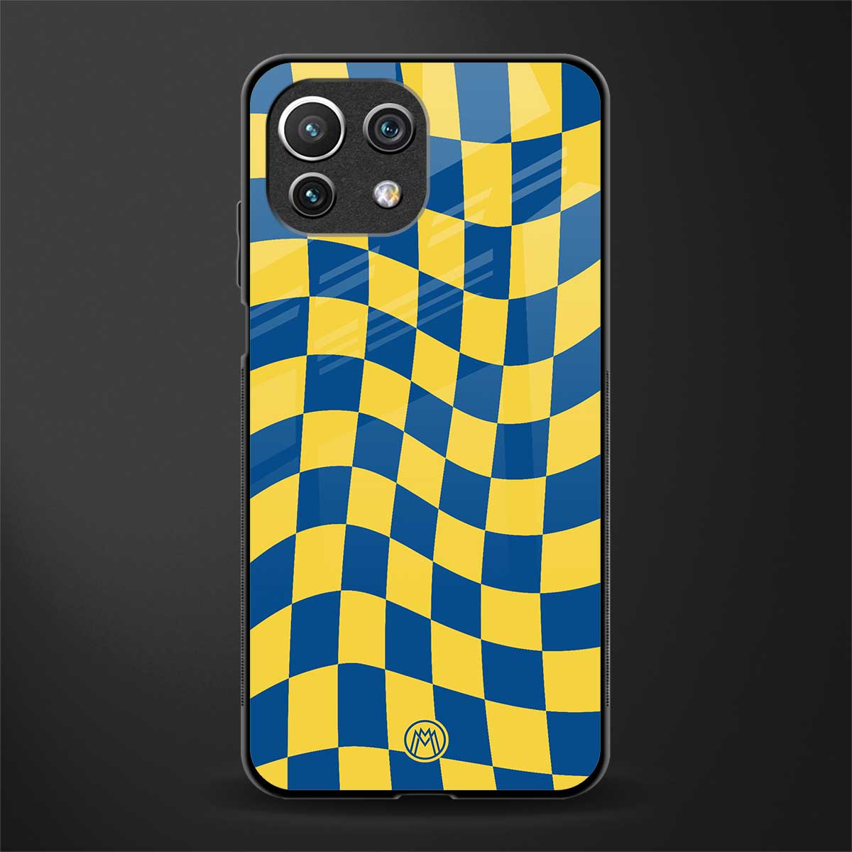 yellow blue trippy check pattern glass case for mi 11 lite image