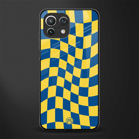 yellow blue trippy check pattern glass case for mi 11 lite image