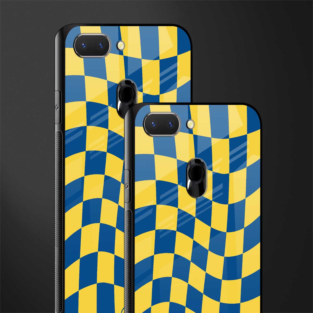 yellow blue trippy check pattern glass case for oppo a5 image-2