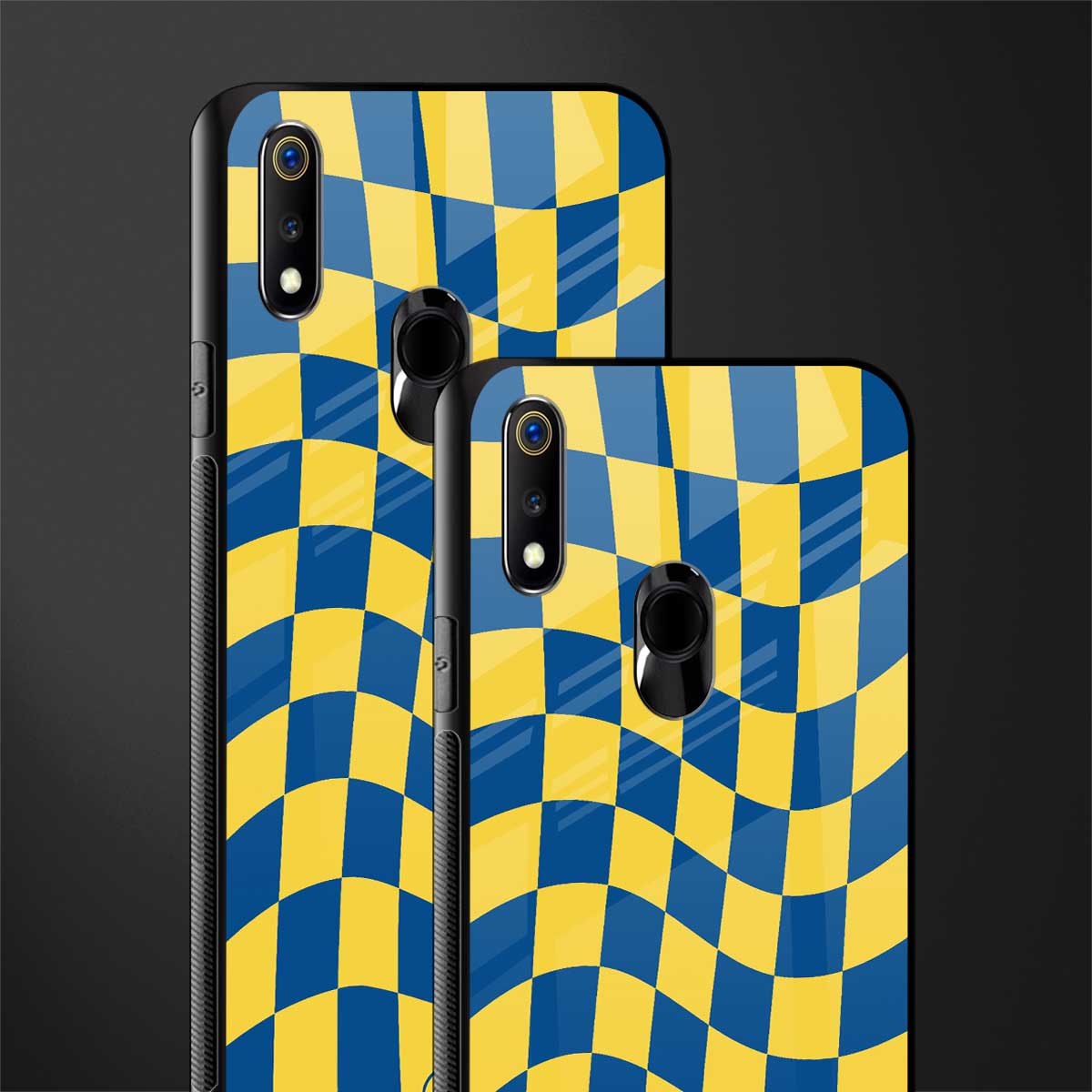 yellow blue trippy check pattern glass case for realme 3 pro image-2