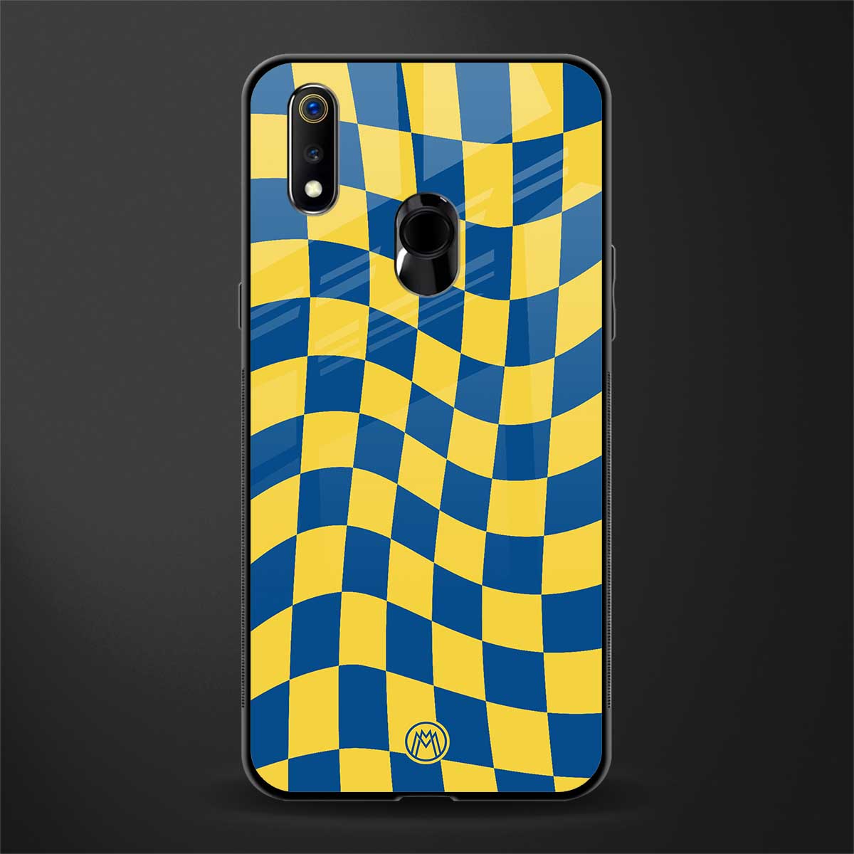 yellow blue trippy check pattern glass case for realme 3 pro image