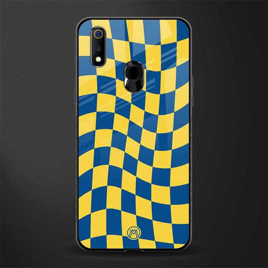 yellow blue trippy check pattern glass case for realme 3 pro image