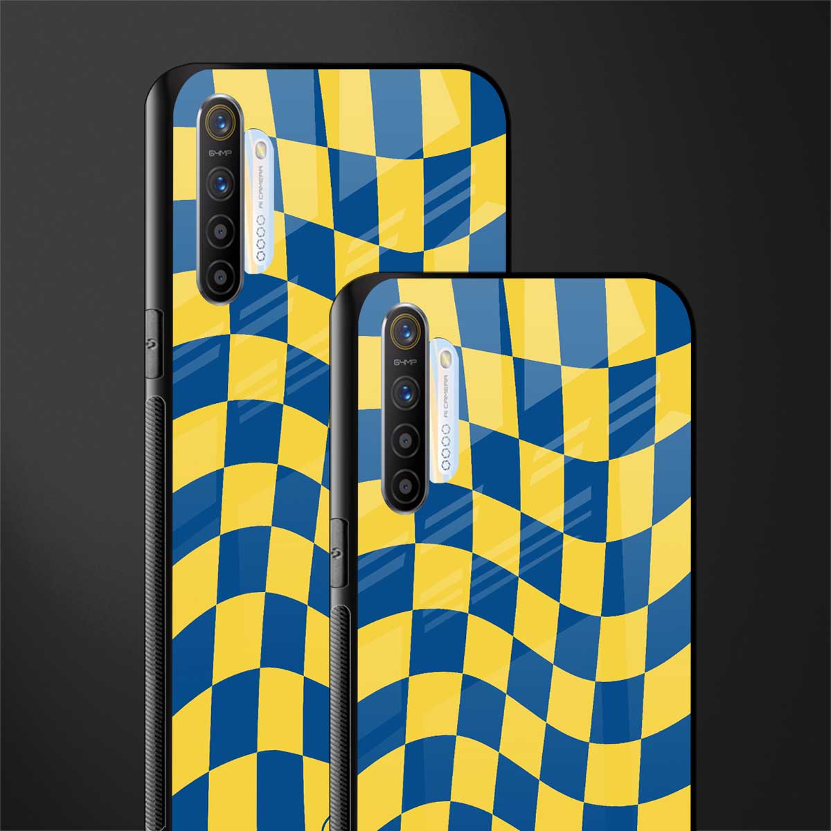yellow blue trippy check pattern glass case for realme xt image-2