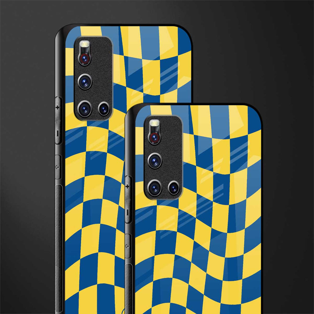 yellow blue trippy check pattern glass case for vivo v19 image-2
