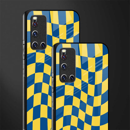yellow blue trippy check pattern glass case for vivo v19 image-2
