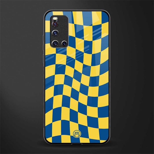 yellow blue trippy check pattern glass case for vivo v19 image