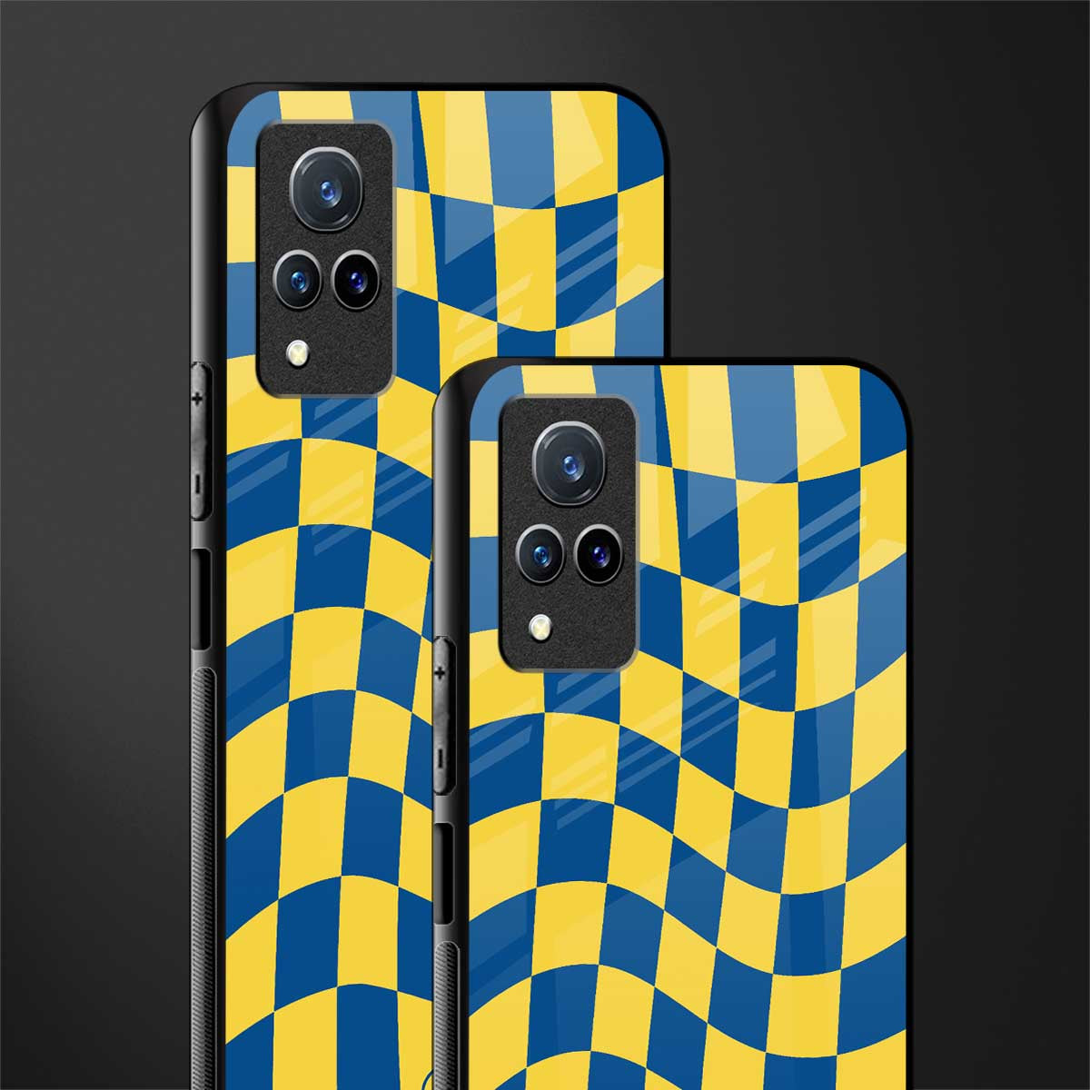 yellow blue trippy check pattern glass case for vivo v21 5g image-2