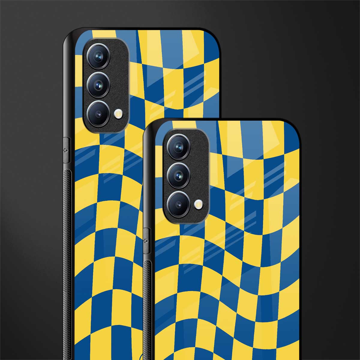 yellow blue trippy check pattern glass case for oppo f19 image-2
