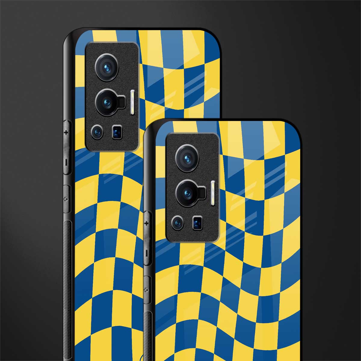 yellow blue trippy check pattern glass case for vivo x70 pro image-2
