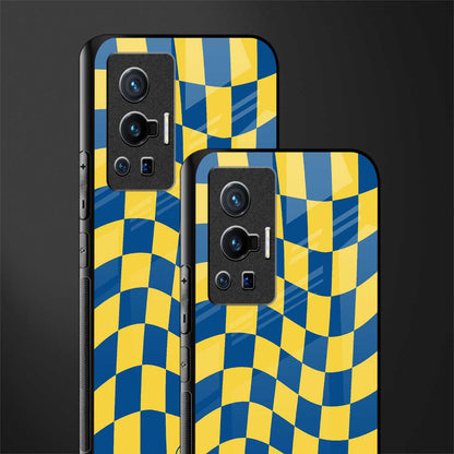 yellow blue trippy check pattern glass case for vivo x70 pro image-2
