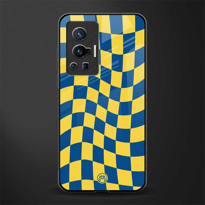 yellow blue trippy check pattern glass case for vivo x70 pro image