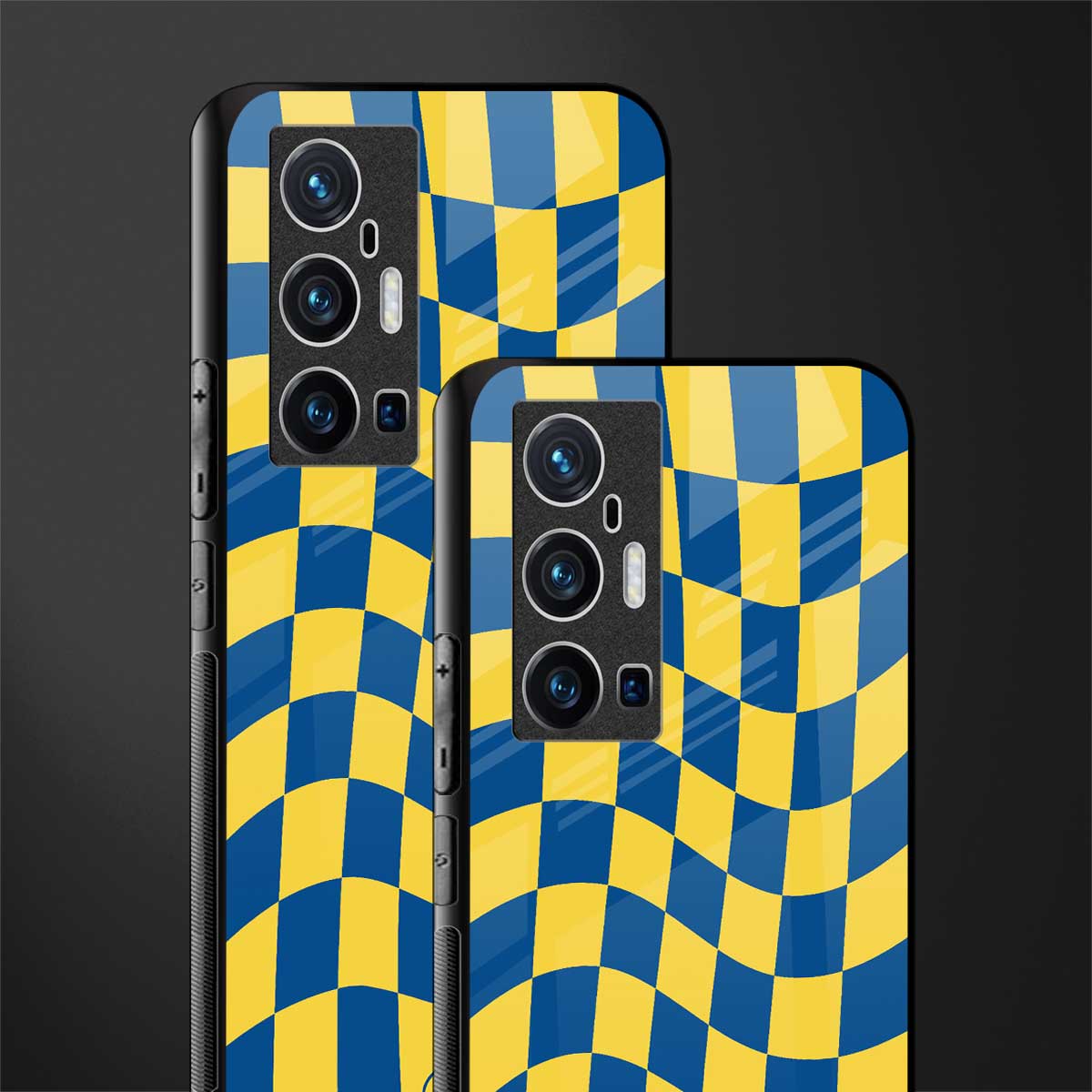 yellow blue trippy check pattern glass case for vivo x70 pro plus image-2