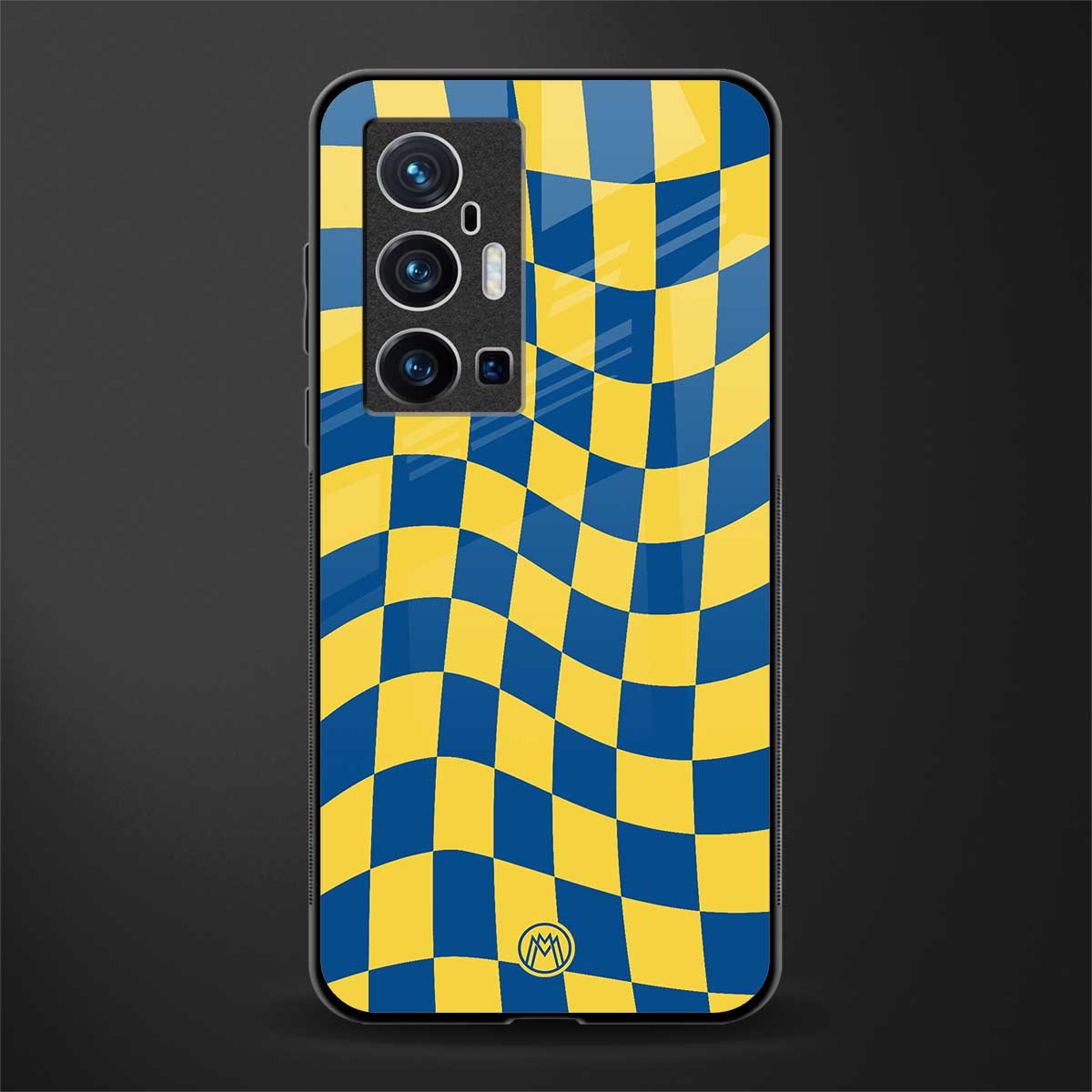 yellow blue trippy check pattern glass case for vivo x70 pro plus image