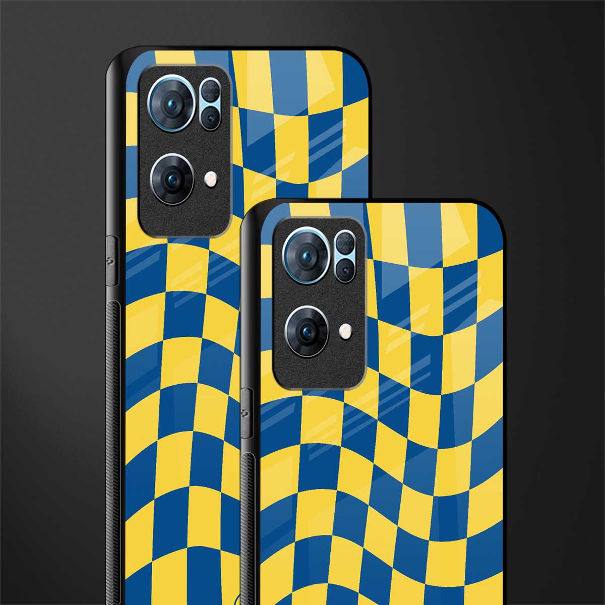 yellow blue trippy check pattern glass case for oppo reno7 pro 5g image-2