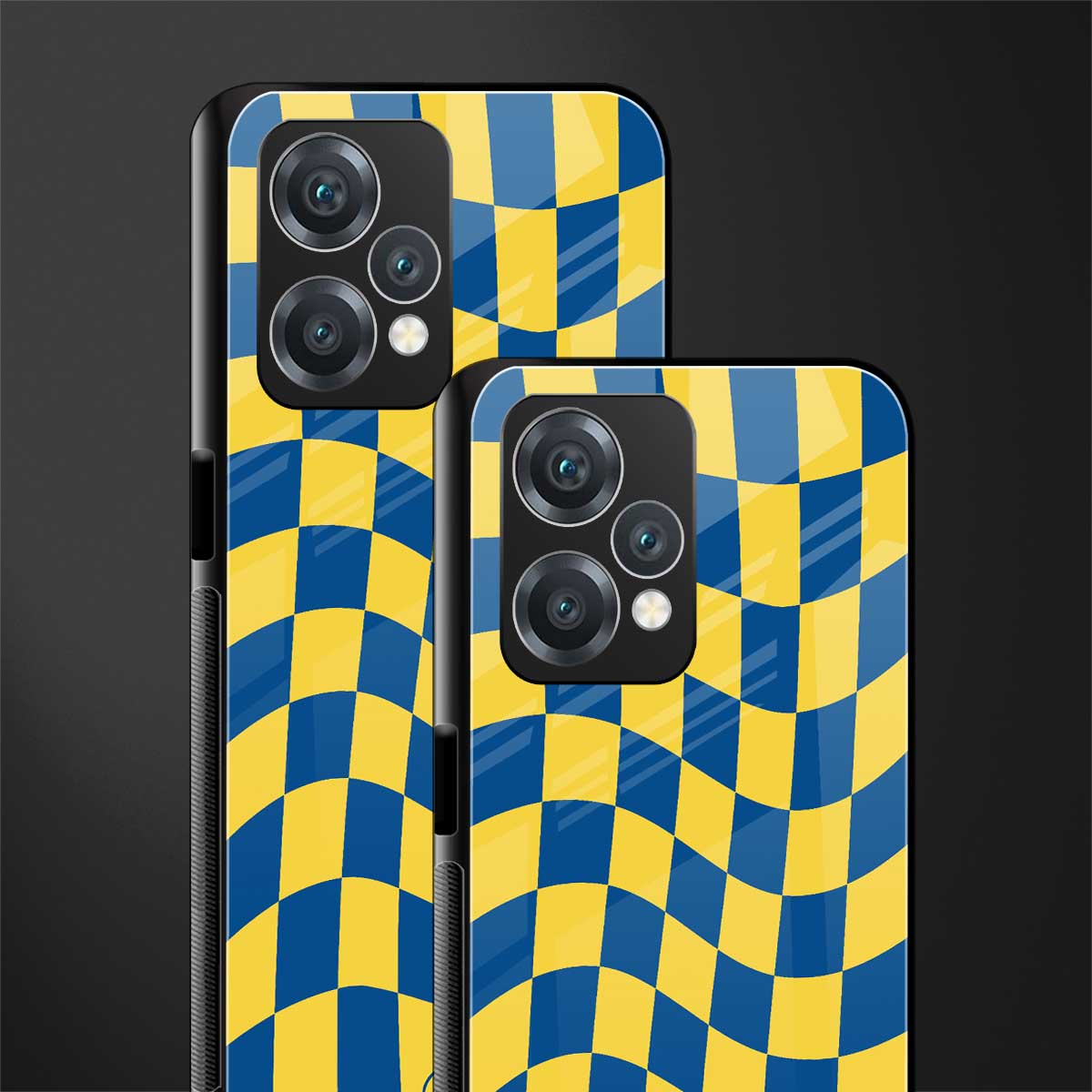 yellow blue trippy check pattern back phone cover | glass case for realme 9 pro 5g