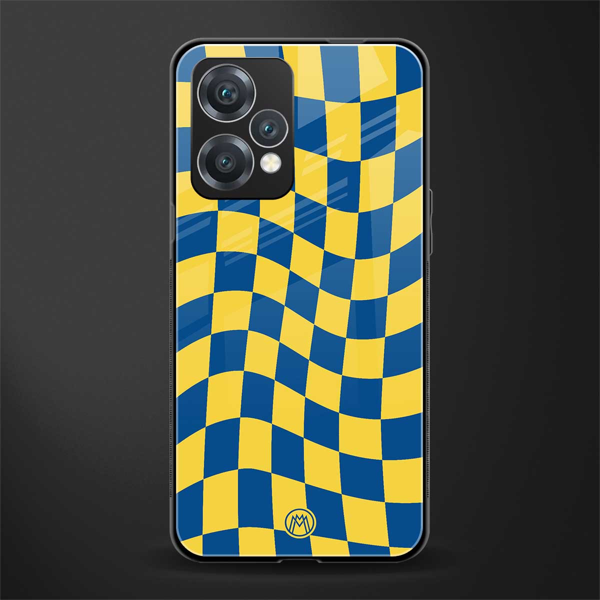 yellow blue trippy check pattern back phone cover | glass case for realme 9 pro 5g