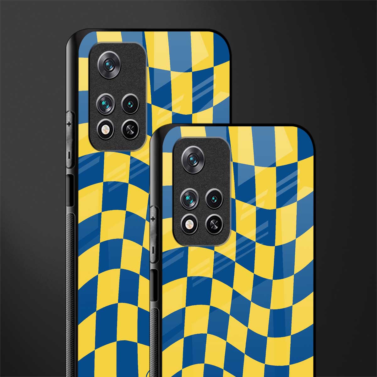 yellow blue trippy check pattern glass case for poco m4 pro 5g image-2