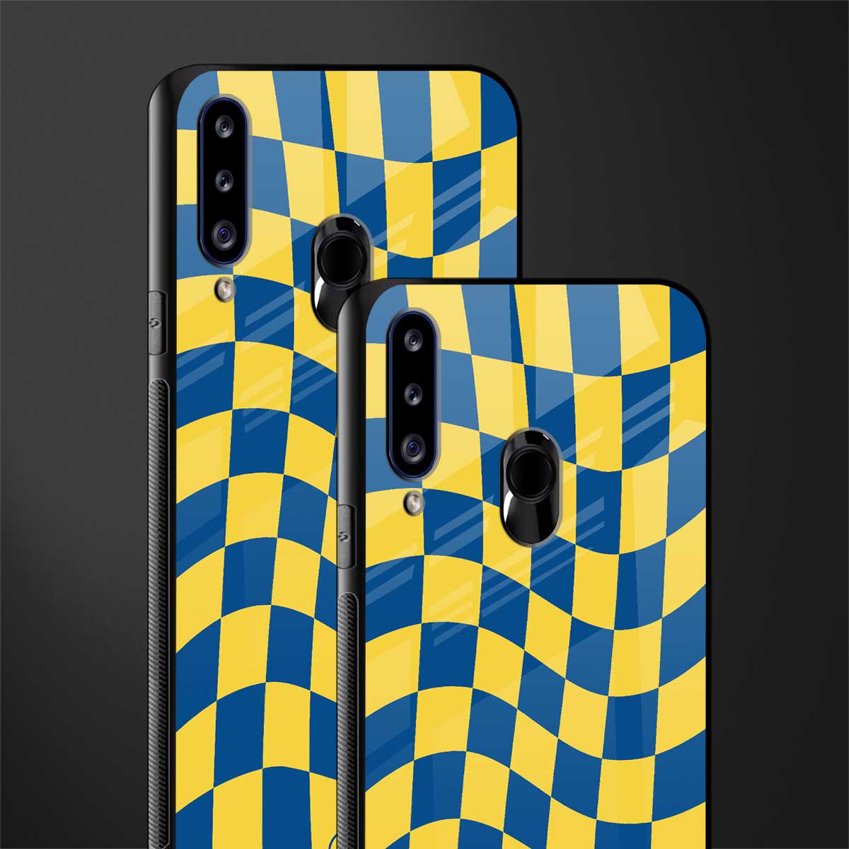 yellow blue trippy check pattern glass case for samsung galaxy a20s image-2