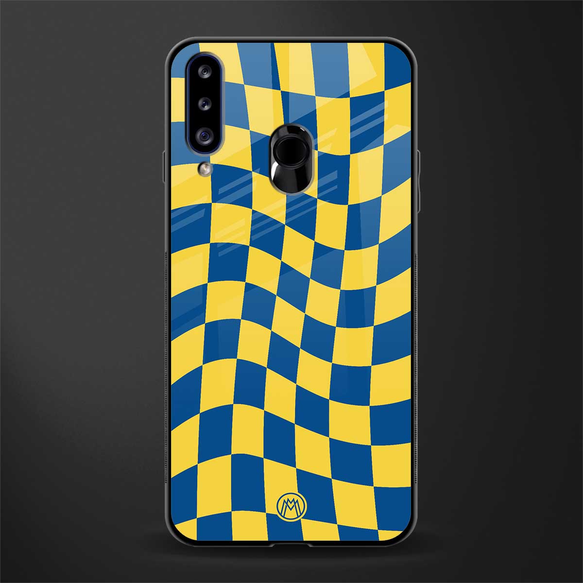 yellow blue trippy check pattern glass case for samsung galaxy a20s image