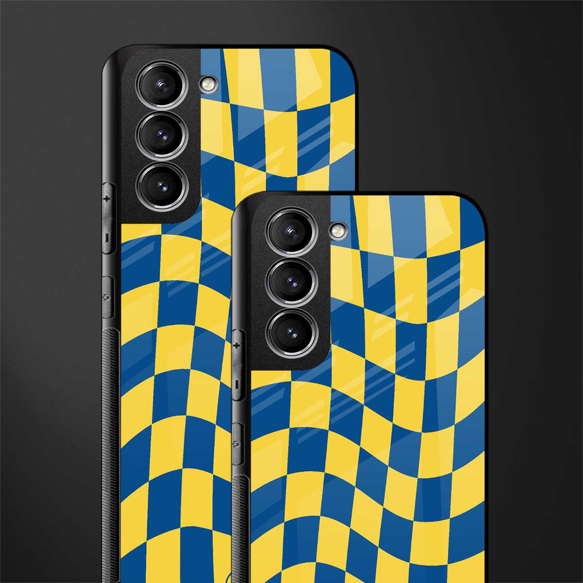 yellow blue trippy check pattern glass case for samsung galaxy s22 5g image-2