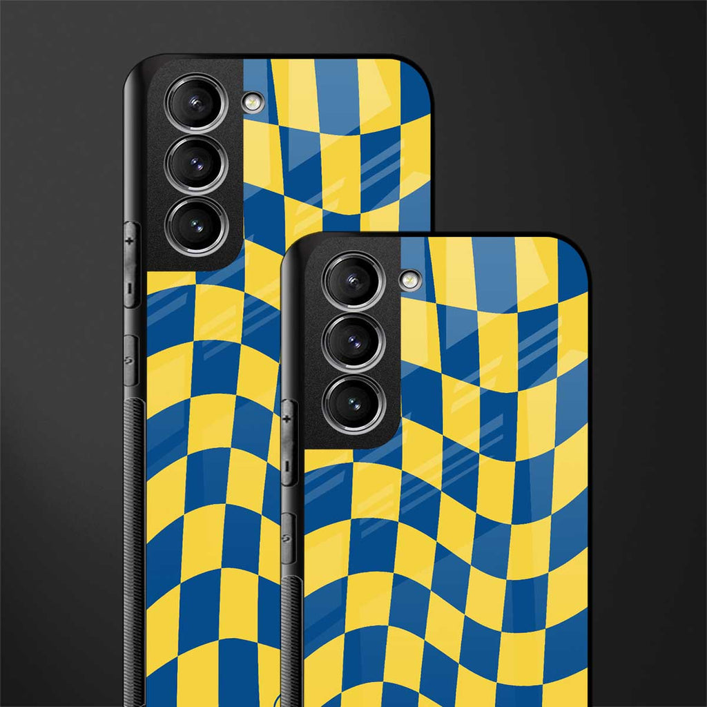 yellow blue trippy check pattern glass case for samsung galaxy s21 image-2