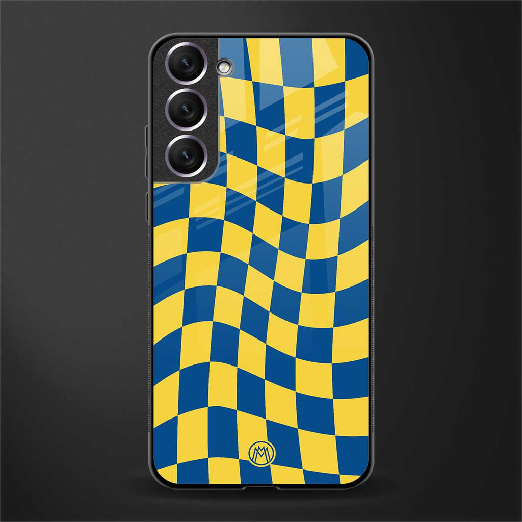 yellow blue trippy check pattern glass case for samsung galaxy s21 fe 5g image