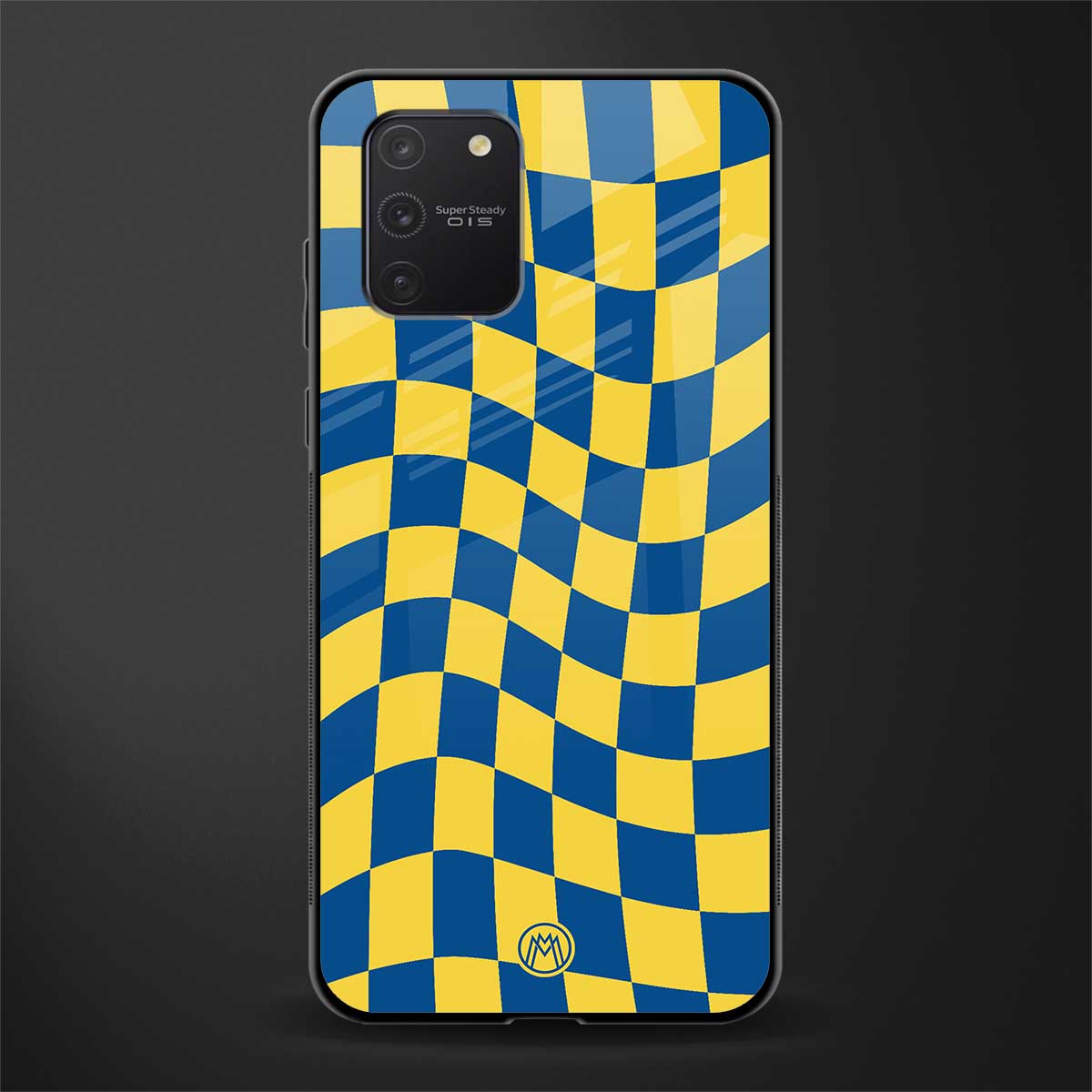 yellow blue trippy check pattern glass case for samsung galaxy a91 image
