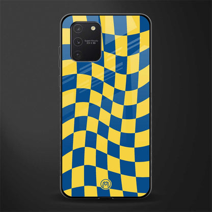 yellow blue trippy check pattern glass case for samsung galaxy a91 image