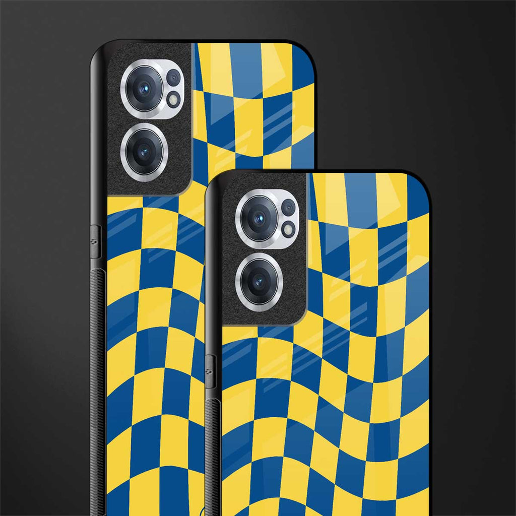yellow blue trippy check pattern glass case for oneplus nord ce 2 5g image-2