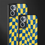 yellow blue trippy check pattern glass case for oneplus nord ce 2 5g image-2