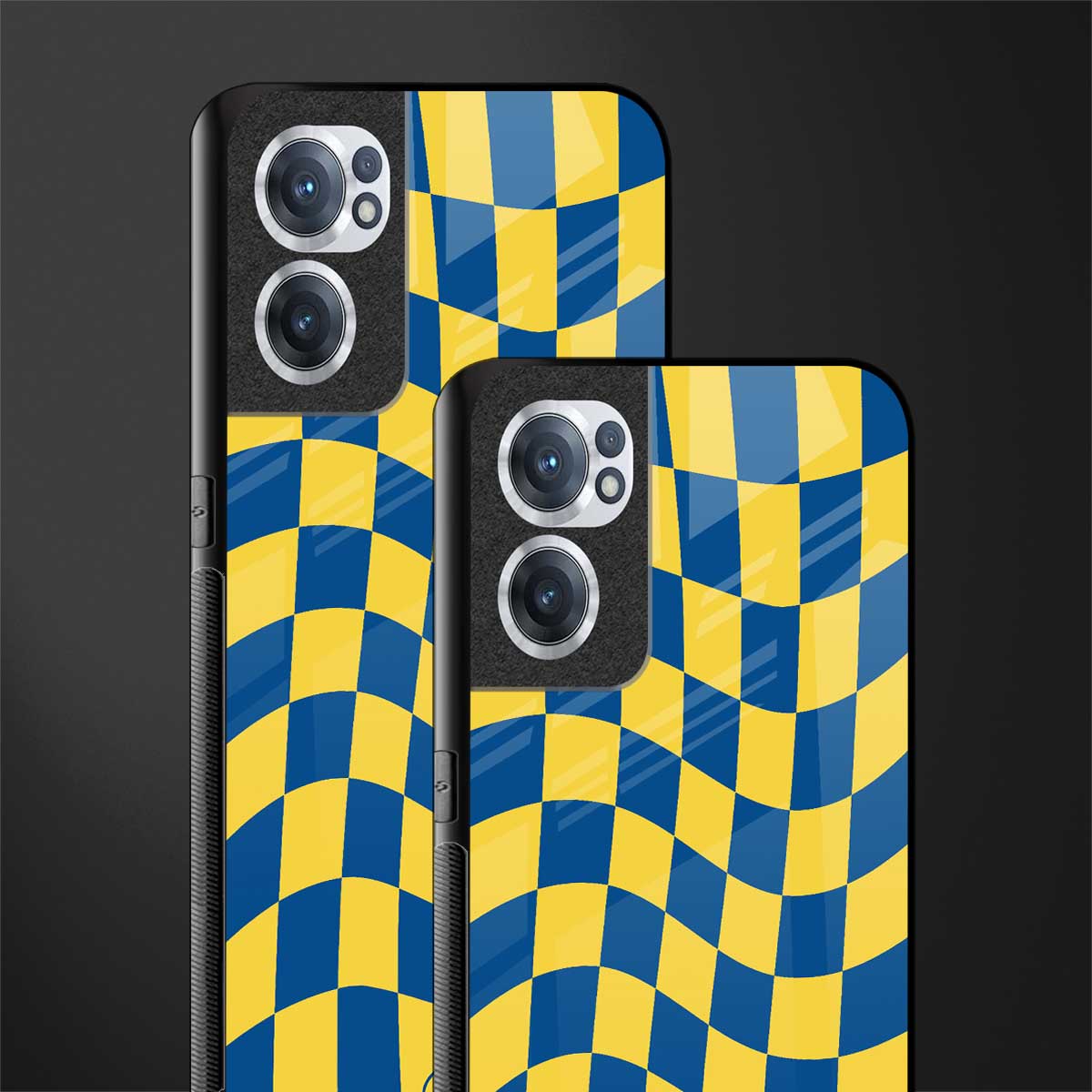 yellow blue trippy check pattern glass case for oneplus nord ce 2 5g image-2