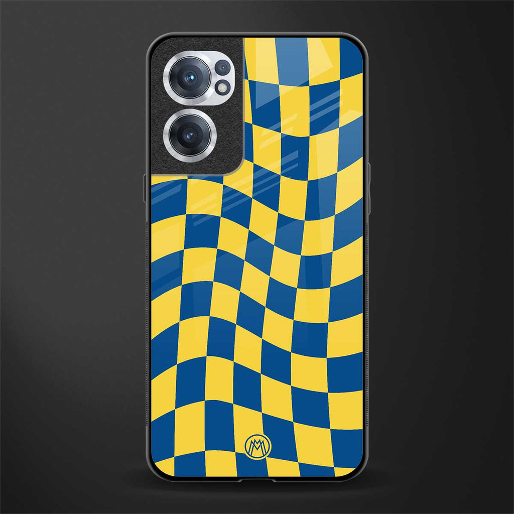 yellow blue trippy check pattern glass case for oneplus nord ce 2 5g image