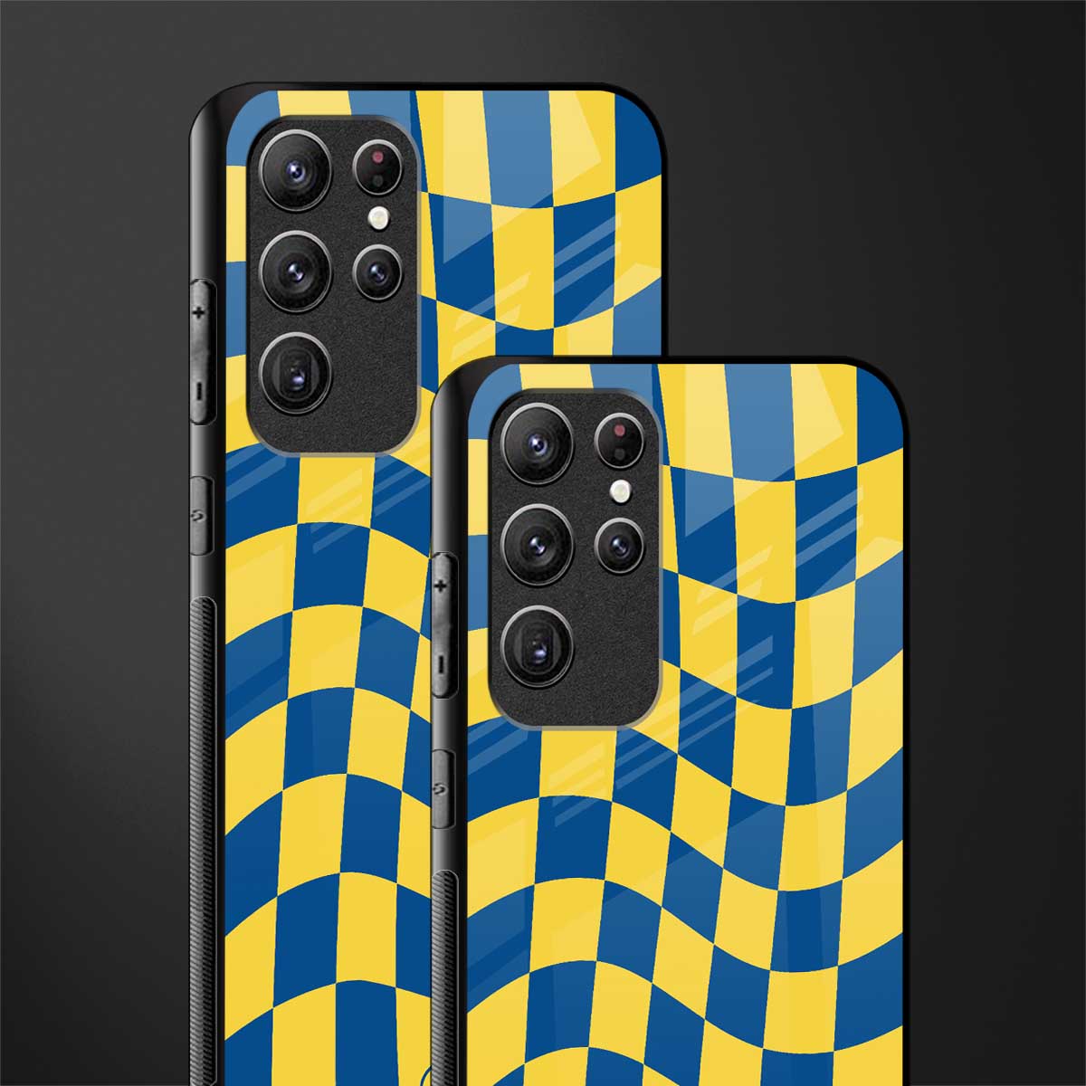 yellow blue trippy check pattern glass case for samsung galaxy s21 ultra image-2
