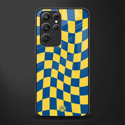 yellow blue trippy check pattern glass case for samsung galaxy s21 ultra image